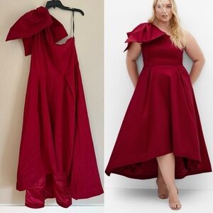 City Chic Plus Size Captivate One Shoulder Hi-Lo Dress red with Bow